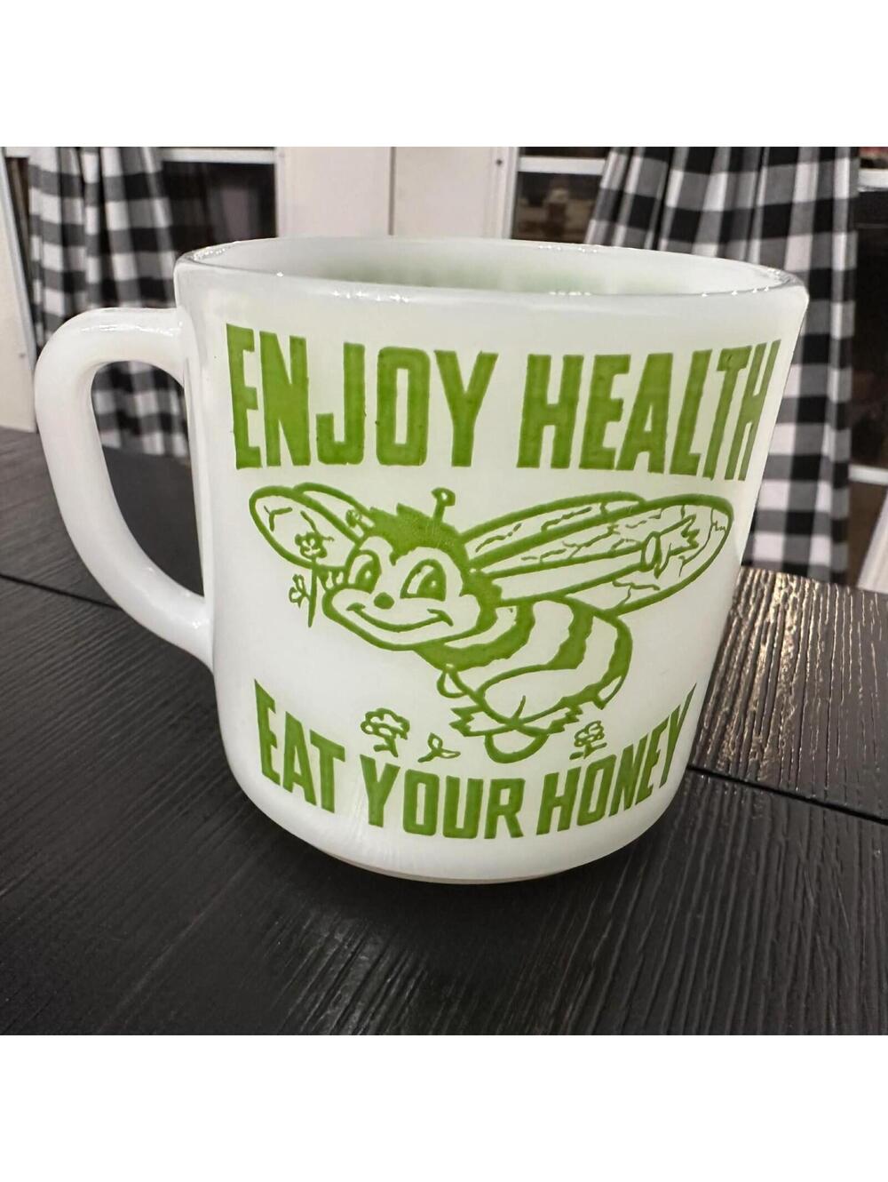 Vintage Enjoy Health Eat Your Honey Bee Keepers Milk Glass Mug Cup EUC